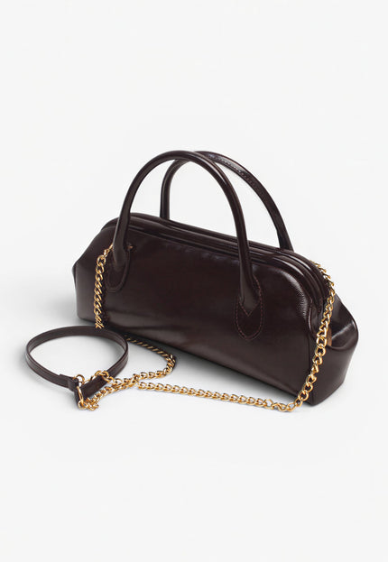 NEW071026 Donkerbruine Lak Handtas met Gouden Ketting