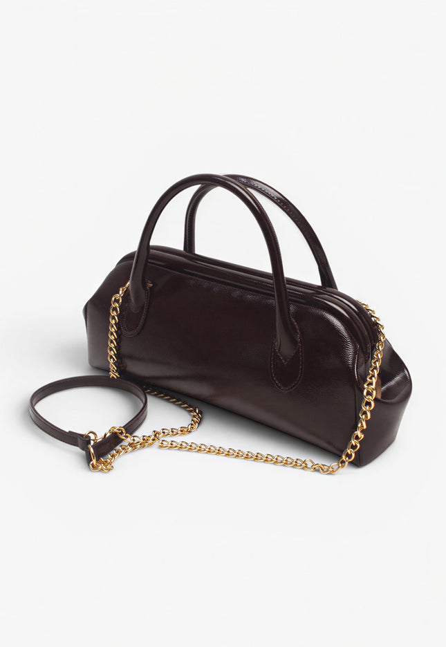 NEW071026 Donkerbruine Lak Handtas met Gouden Ketting