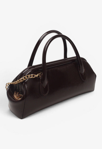 NEW071026 Donkerbruine Lak Handtas met Gouden Ketting