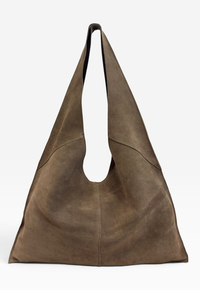 NEW071026 Taupe Lederen Suède Hobo Schoudertas Groot