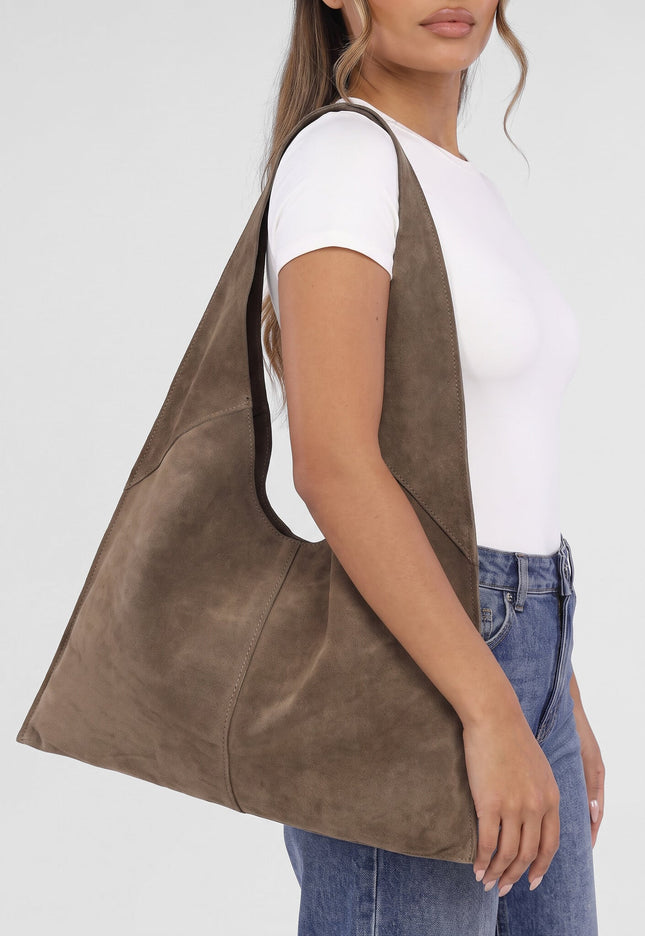 NEW071026 Taupe Lederen Suède Hobo Schoudertas Groot