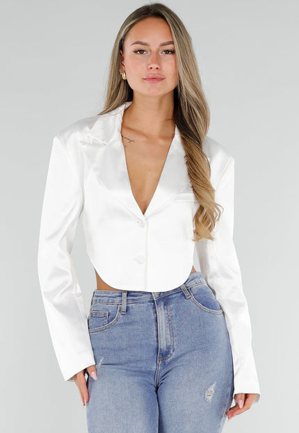 NEW071026 Witte Cropped Satin Blazer met Open Rug