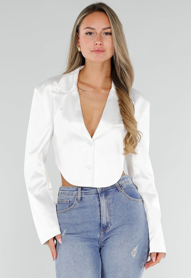 NEW071026 Witte Cropped Satin Blazer met Open Rug