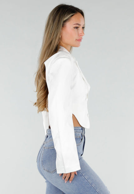 NEW071026 Witte Cropped Satin Blazer met Open Rug