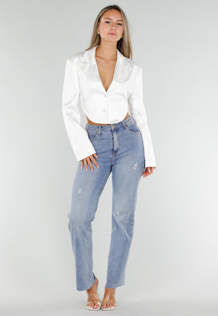 NEW071026 Witte Cropped Satin Blazer met Open Rug