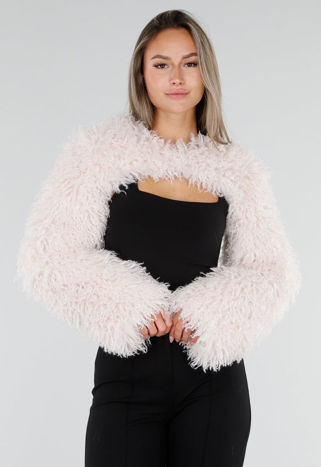 NEW071026 Witte Faux Fur Bolero met Lange Mouwen