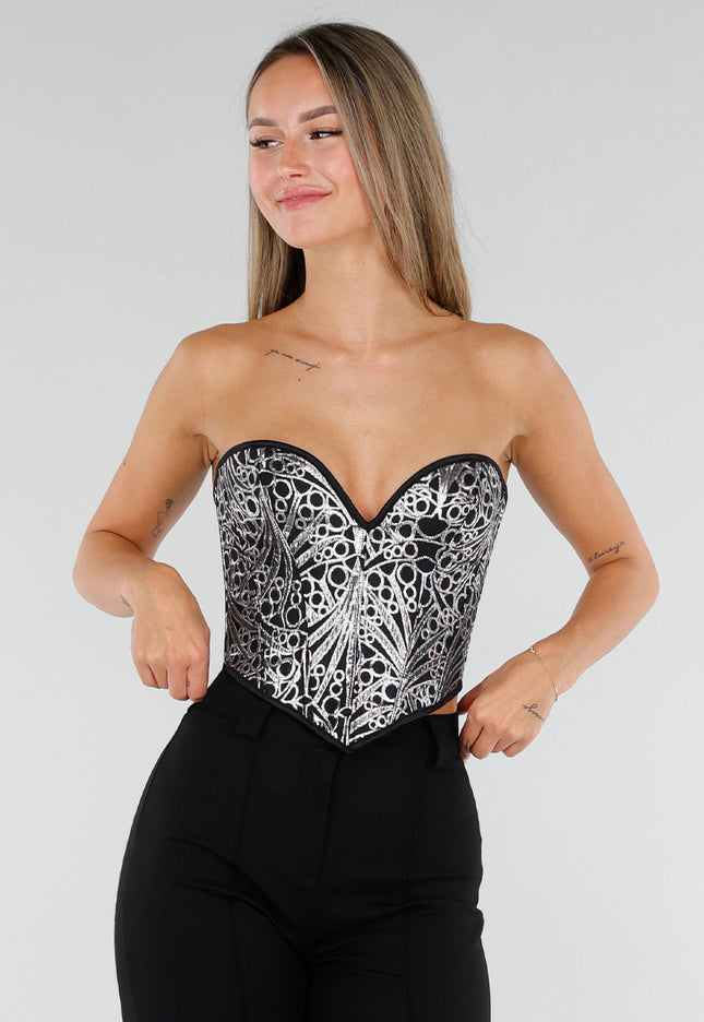 NEW071026 Zilveren Corset Top met Zwart Patroon