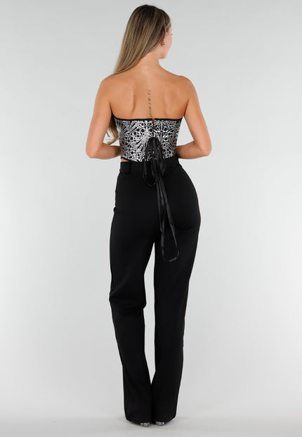 NEW071026 Zilveren Corset Top met Zwart Patroon