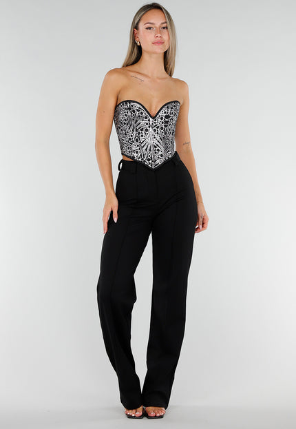NEW071026 Zilveren Corset Top met Zwart Patroon