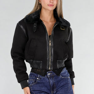 NEW071026 Zwart Lederlook Jasje met Faux Fur Kraag