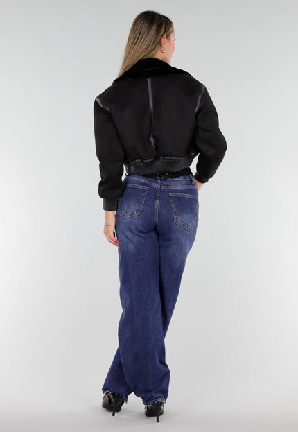 NEW071026 Zwart Lederlook Jasje met Faux Fur Kraag