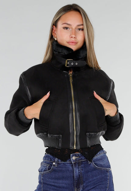 NEW071026 Zwart Lederlook Jasje met Faux Fur Kraag