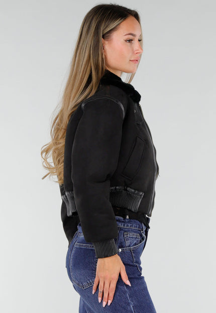 NEW071026 Zwart Lederlook Jasje met Faux Fur Kraag