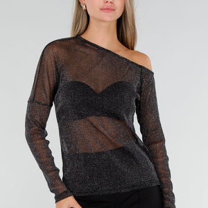 NEW071026 Zwarte Glitter Mesh One Shoulder Top