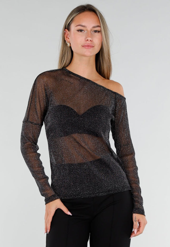 NEW071026 Zwarte Glitter Mesh One Shoulder Top