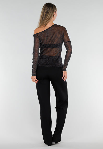 NEW071026 Zwarte Glitter Mesh One Shoulder Top