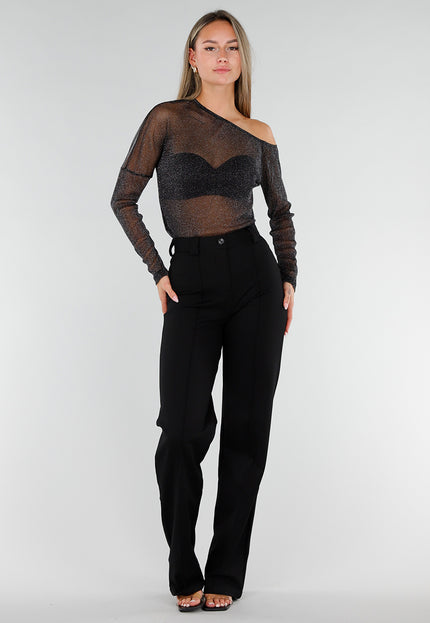NEW071026 Zwarte Glitter Mesh One Shoulder Top