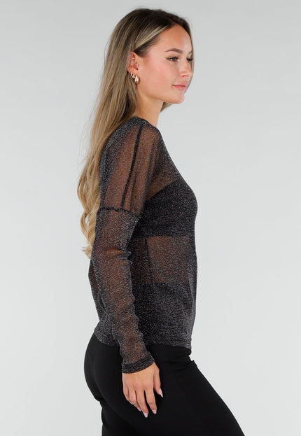 NEW071026 Zwarte Glitter Mesh One Shoulder Top