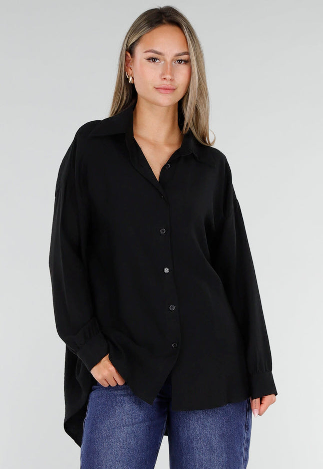 NEW071026 Zwarte Lange Blouse met Kanten Rug