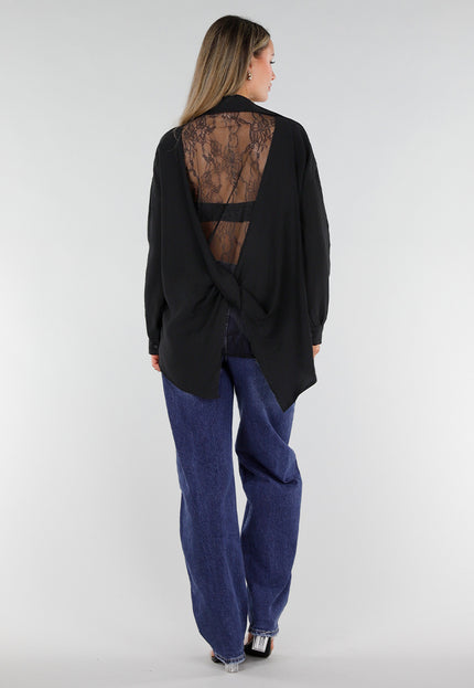 NEW071026 Zwarte Lange Blouse met Kanten Rug