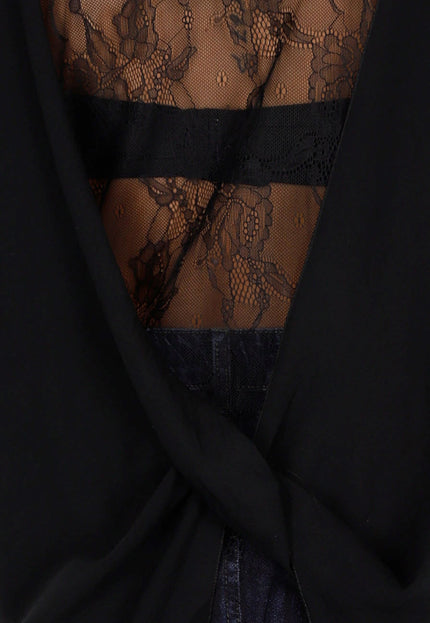 NEW071026 Zwarte Lange Blouse met Kanten Rug