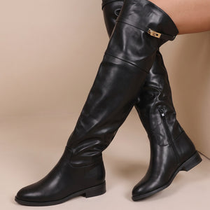NEW071026 Zwarte Overknee Laarzen met Gouden Detail