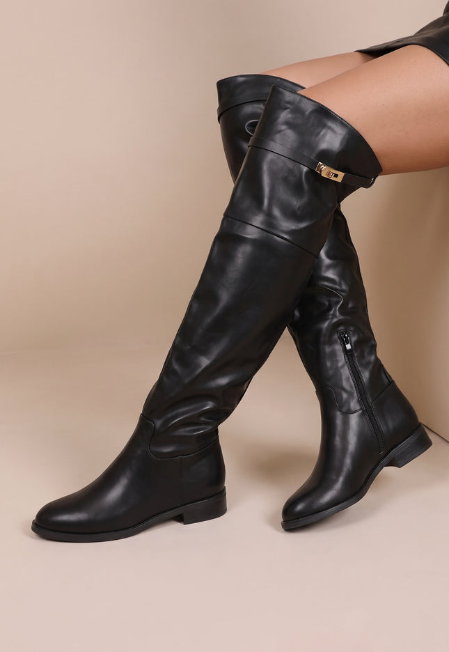 NEW071026 Zwarte Overknee Laarzen met Gouden Detail