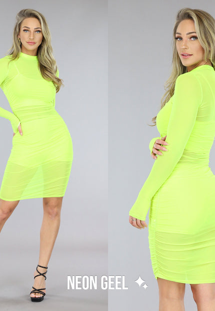 NEW0803 Neon Geel Geplooid See-Through Jurkje met Setje