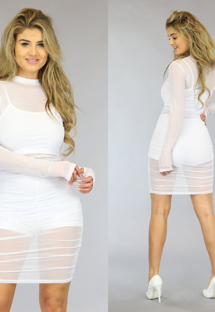 NEW0803 Wit Geplooid See-Through Jurkje met Setje