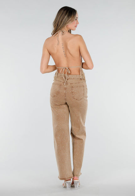 NEW080426 Beige Halter Top met Franjes