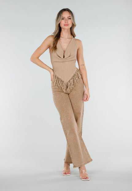 NEW080426 Beige Halter Top met Franjes