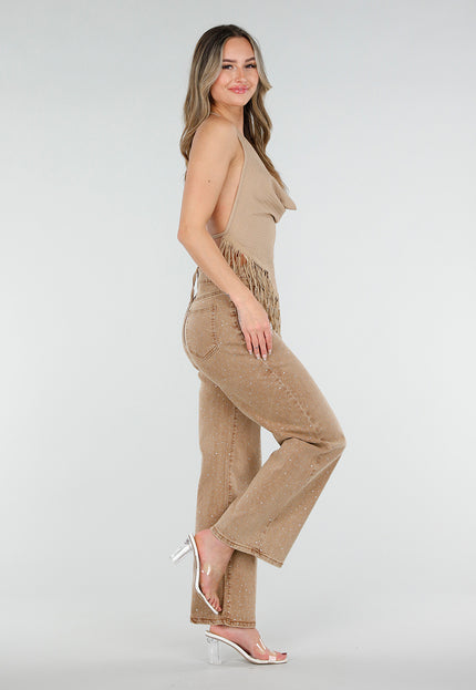 NEW080426 Beige Halter Top met Franjes