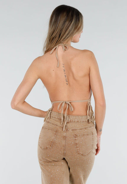 NEW080426 Beige Halter Top met Franjes
