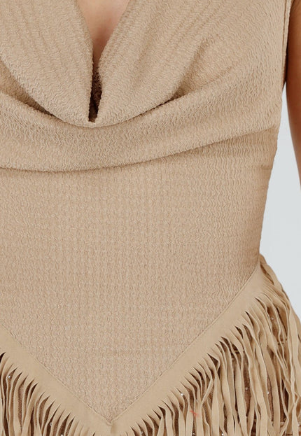NEW080426 Beige Halter Top met Franjes