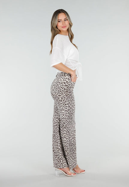 NEW080426 Beige Luipaardprint Straight Leg Jeans