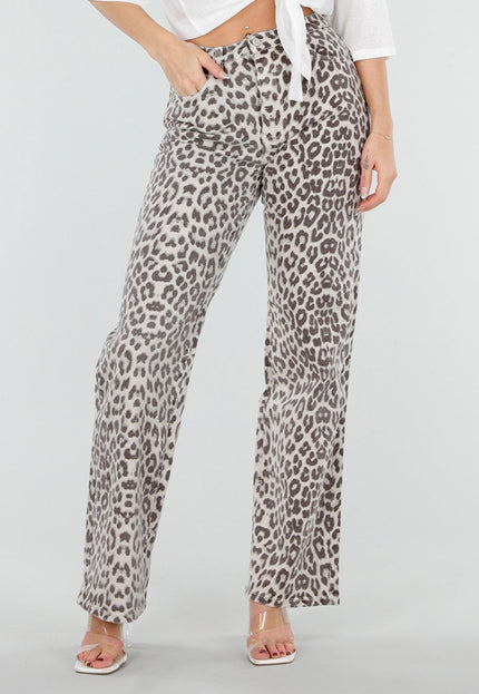 NEW080426 Beige Luipaardprint Straight Leg Jeans