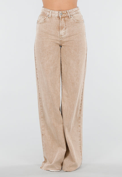 NEW080426 Beige Wide Leg Tall Jeans met Wassing
