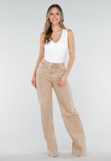 NEW080426 Beige Wide Leg Tall Jeans met Wassing