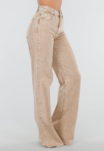 NEW080426 Beige Wide Leg Tall Jeans met Wassing