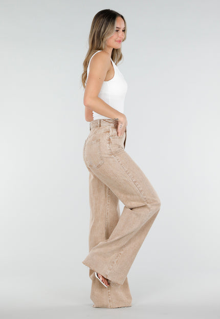 NEW080426 Beige Wide Leg Tall Jeans met Wassing