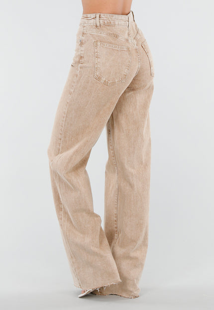 NEW080426 Beige Wide Leg Tall Jeans met Wassing