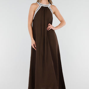 NEW080426 Bruine Maxi Halter Jurk met Witte Rand