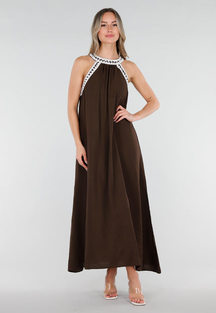 NEW080426 Bruine Maxi Halter Jurk met Witte Rand