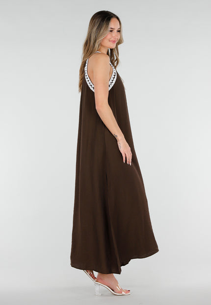 NEW080426 Bruine Maxi Halter Jurk met Witte Rand