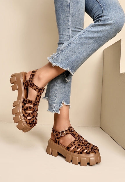 NEW080426 Bruine Suède Sandalen met Luipaardprint