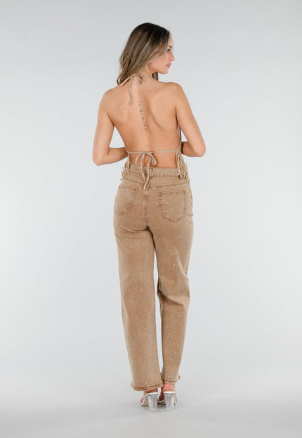 NEW080426 Camel Wide Leg Jeans met Strass