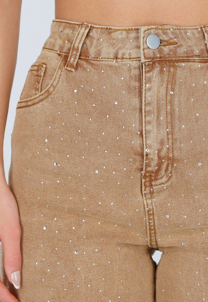 NEW080426 Camel Wide Leg Jeans met Strass