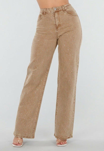 NEW080426 Camel Wide Leg Jeans met Strass