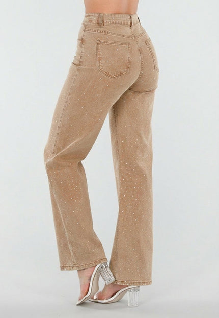 NEW080426 Camel Wide Leg Jeans met Strass