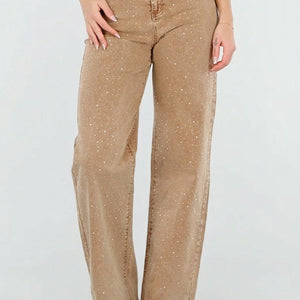 NEW080426 Camel Wide Leg Jeans met Strass